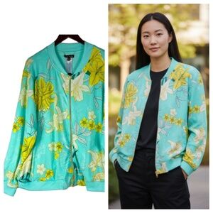 New IMAN 2X 18 20 XXL Bomber Jacket Coat Floral Teal Yellow Silky Zip Up